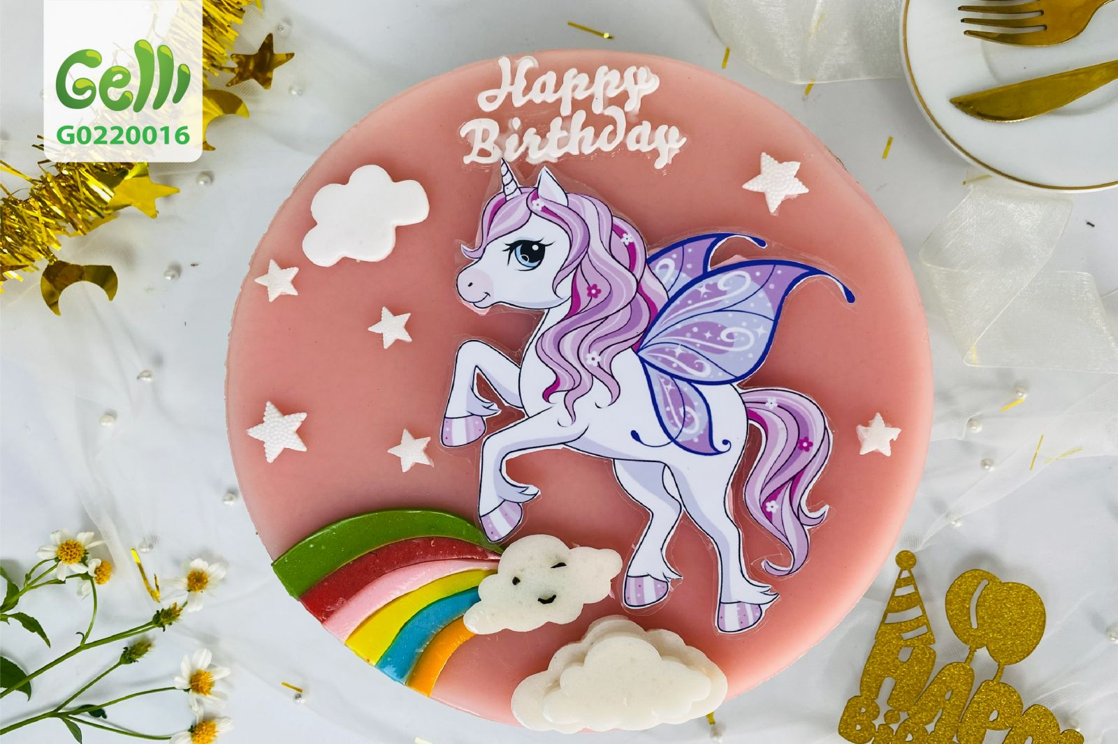 Bánh sinh nhật màu cầu vồng nặn hình con ngựa dễ thương ngồi bên những viên  kẹo dễ thương dành cho bé tuổi ngọ MS FD-0048 - Tiệm Bánh Chon Chon